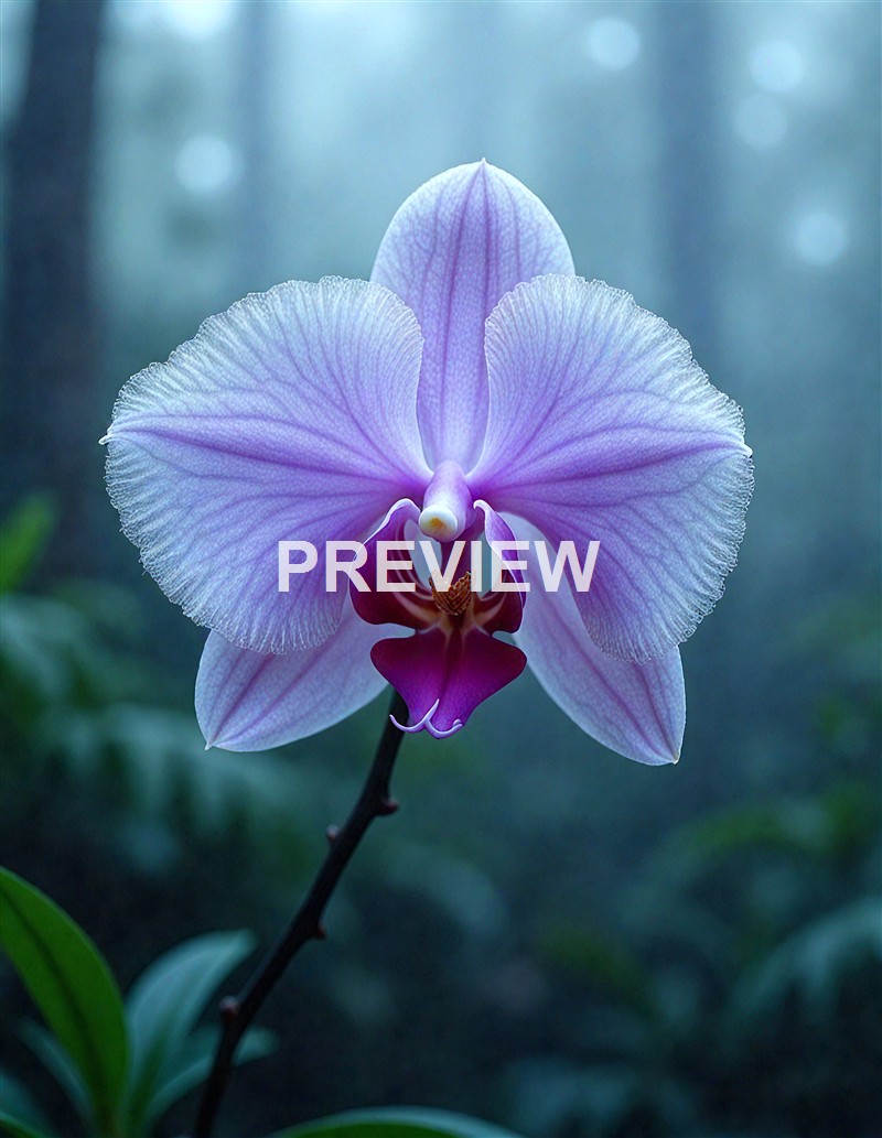 A close-up of a delicate purple and white orchid flower with intricate petal patterns, set against a soft, blurred background.